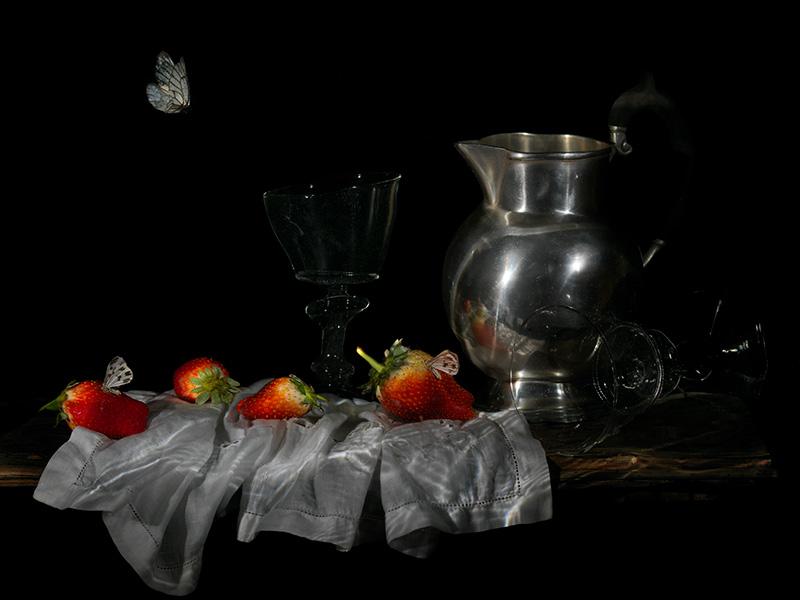 still life with strawberries and pewter water jug